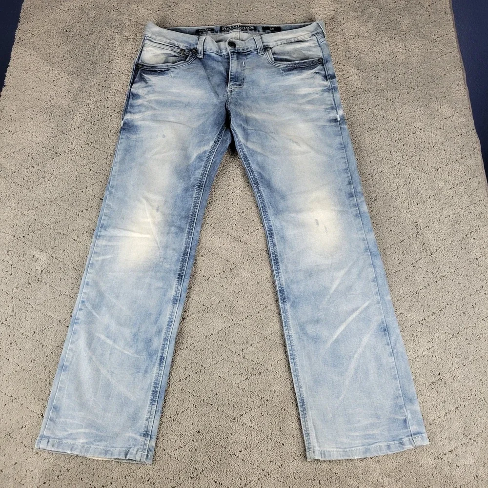 Affliction Jeans Mens 36S Blue Cooper Straight Faded Honeycomb Stretch Denim